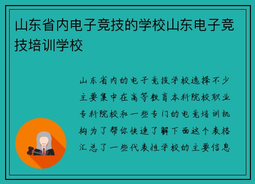山东省内电子竞技的学校山东电子竞技培训学校
