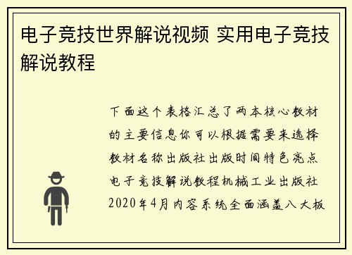 电子竞技世界解说视频 实用电子竞技解说教程
